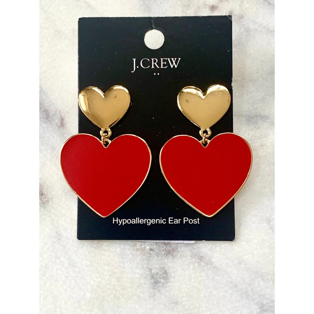 J. Crew Gold and Red Enamel Heart Dangle Statement Earrings NWT - Picture 6 of 6